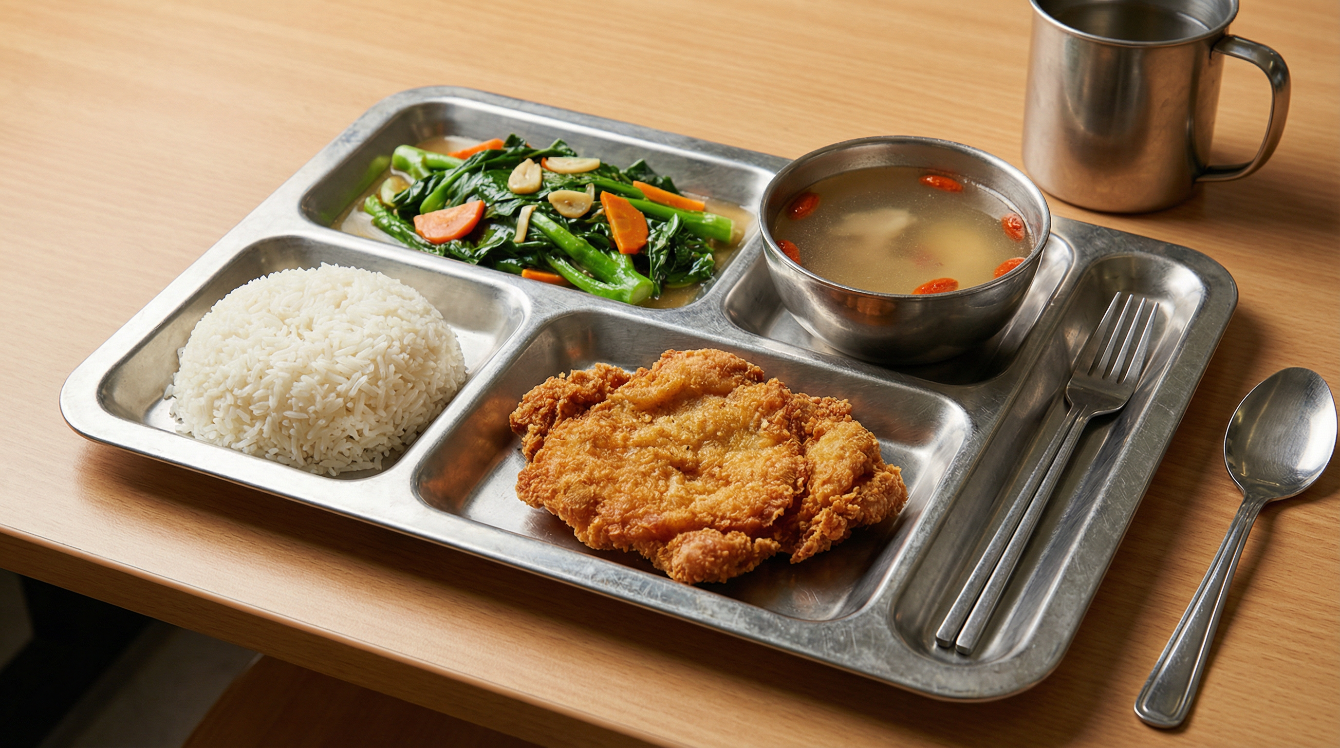 A typical SAF cookhouse meal tray with rice, chicken cutlet, vegetables, and soup