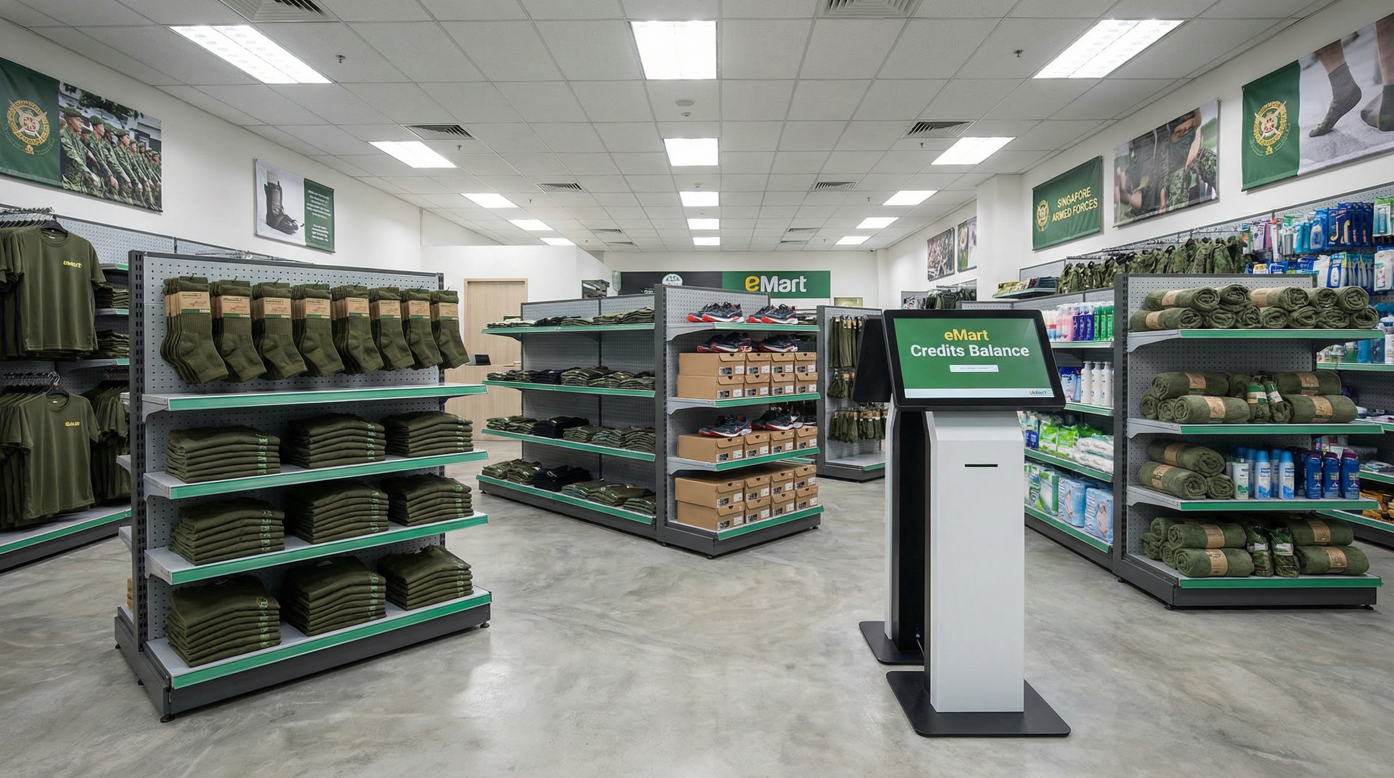 SAF eMart store interior with shelves of military gear and a credits balance kiosk