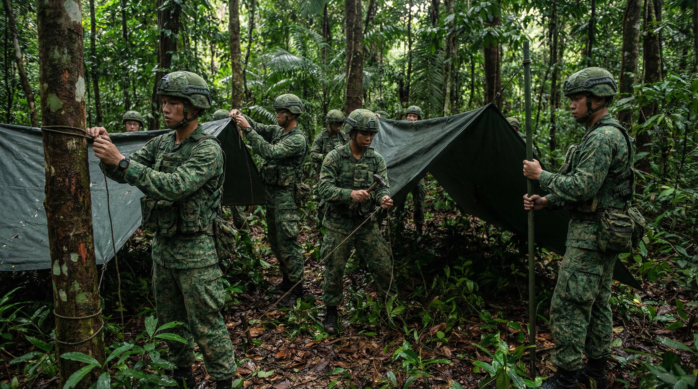 Soldiers setting up basha tents in a forest