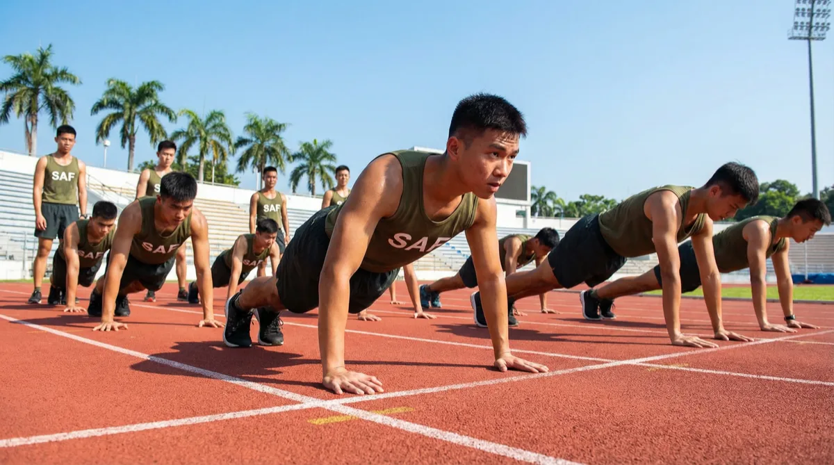Soldiers in SAF PT kit doing push-ups on a running track