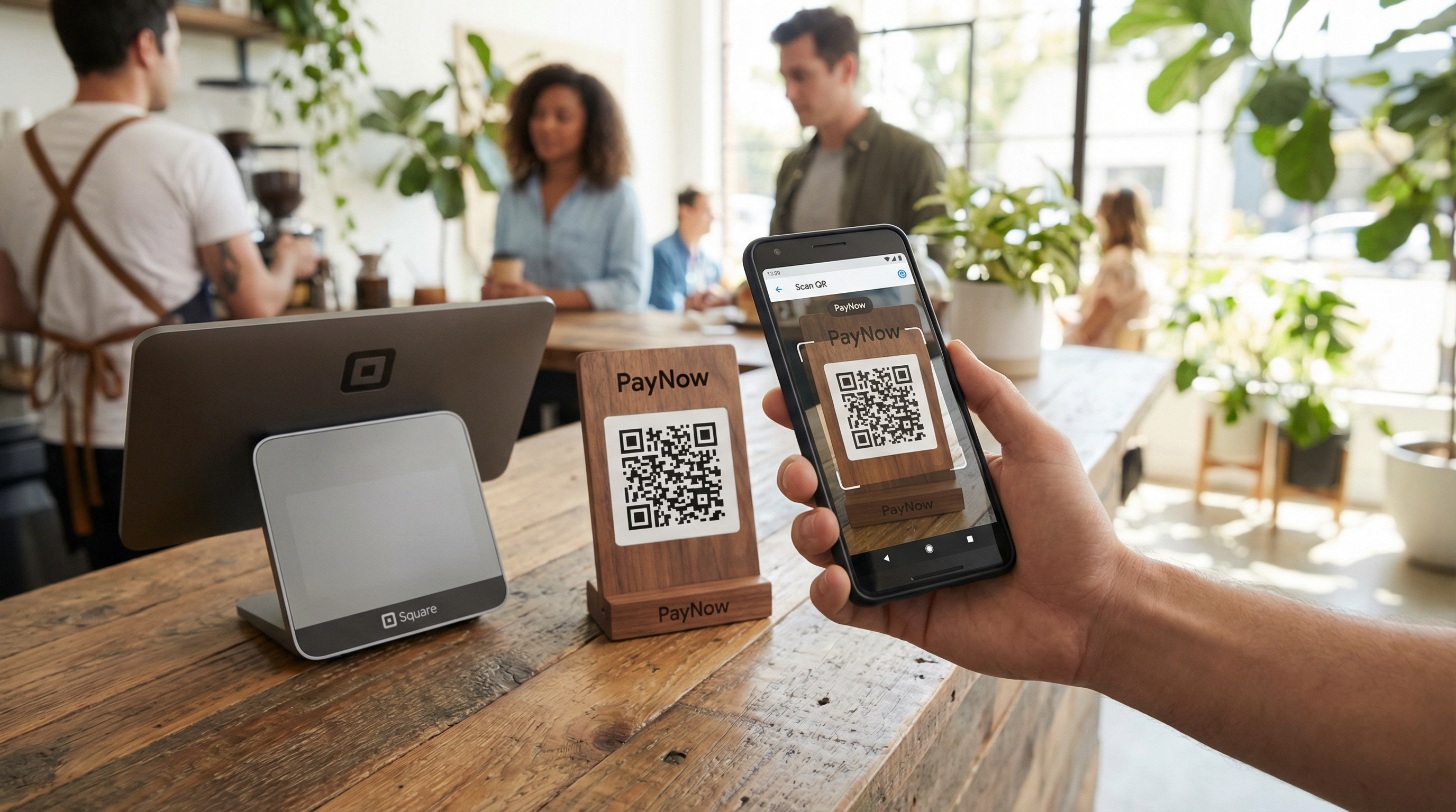 A person using their phone to scan a PayNow QR code at a store