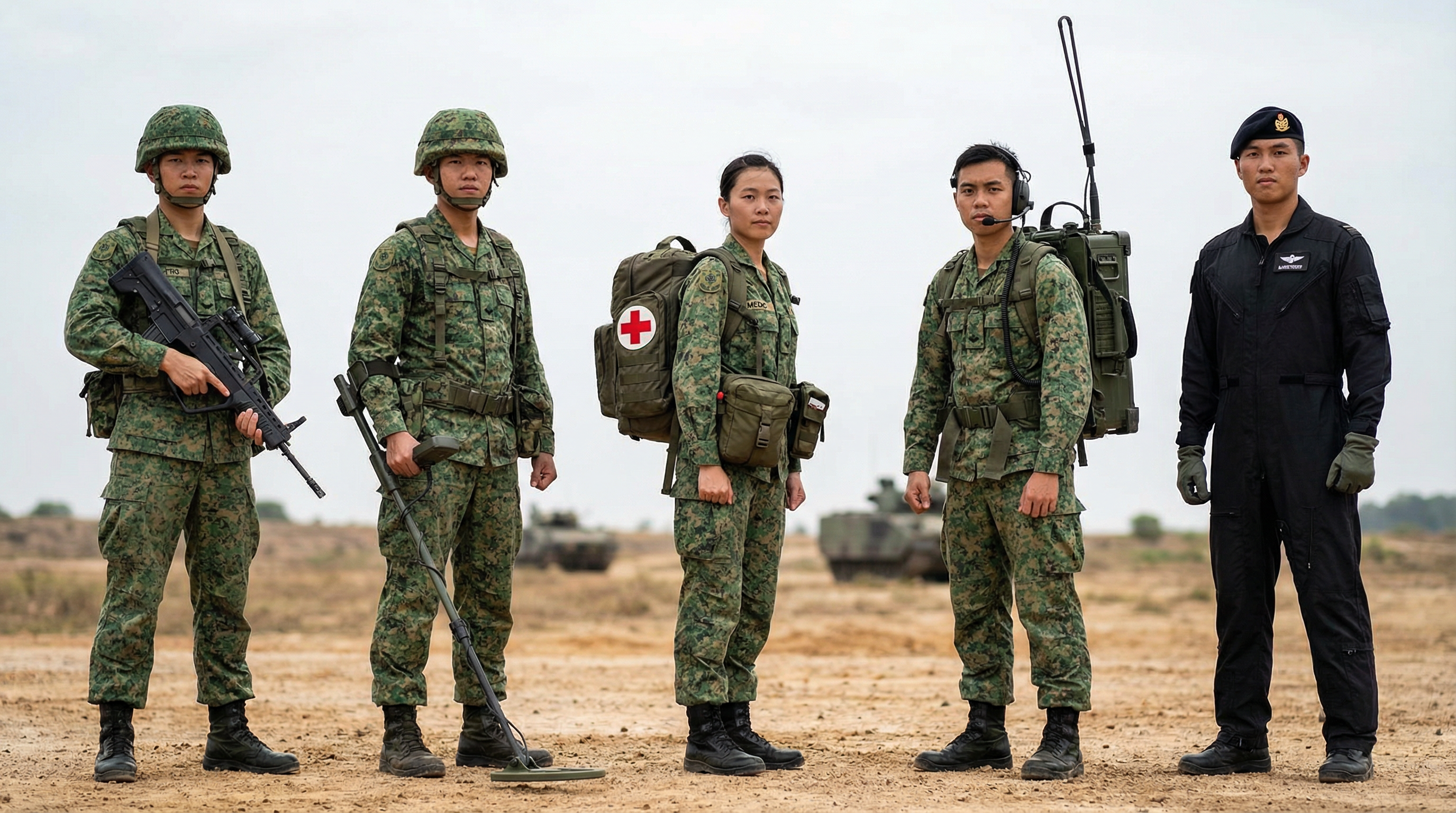 A group of soldiers from different vocations standing together
