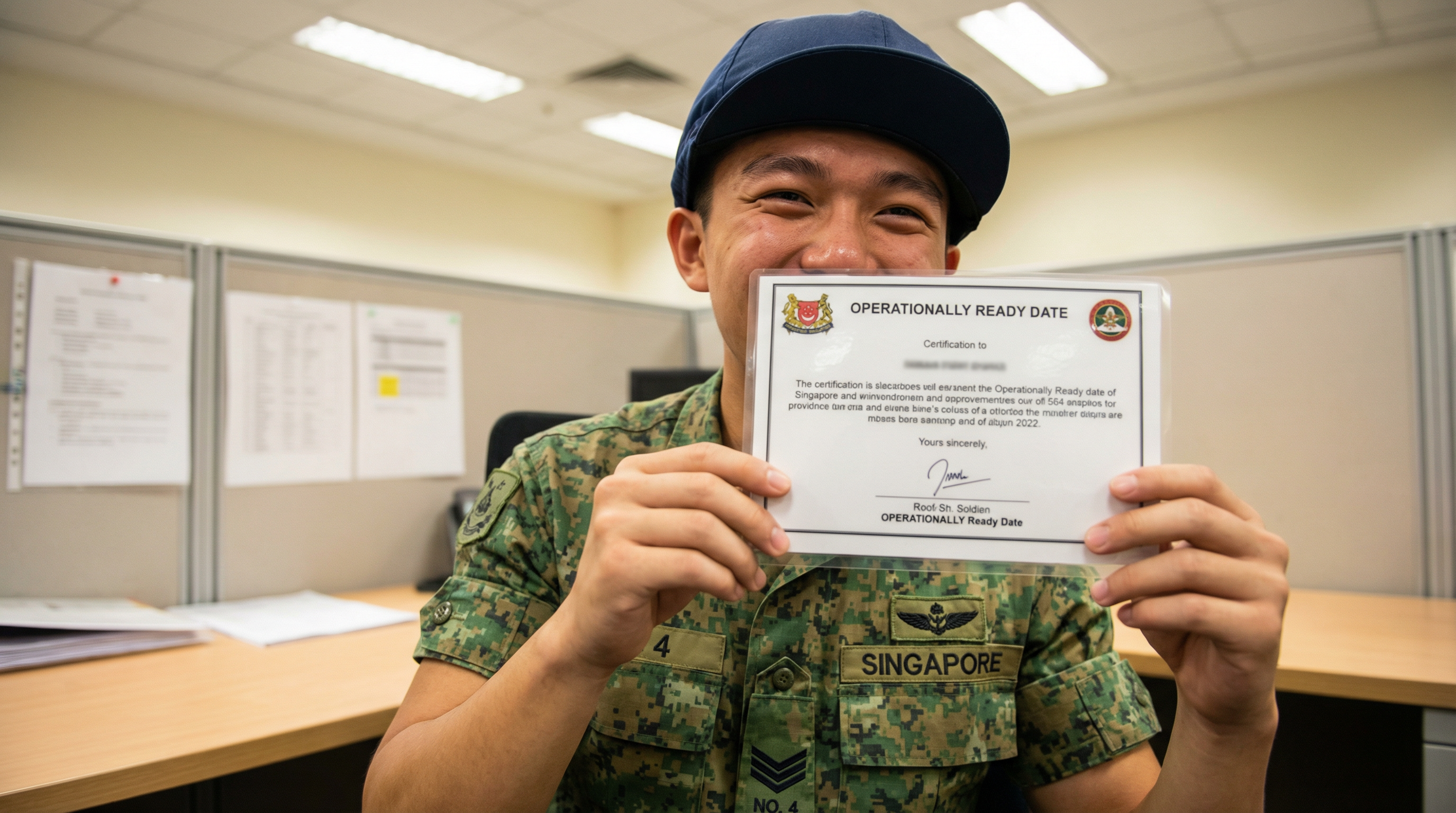 A soldier smiling while looking at his ORD certificate