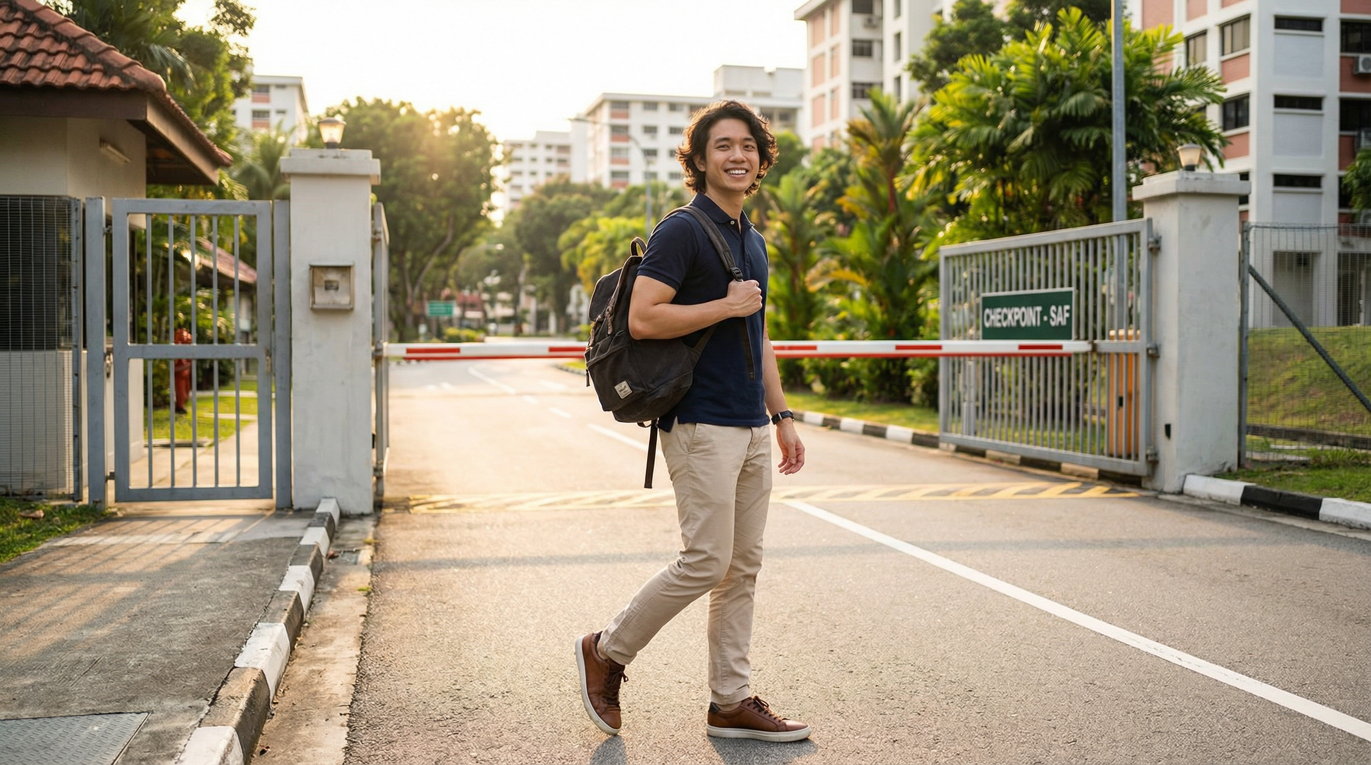 A happy young man walking out of a military camp gate on leave