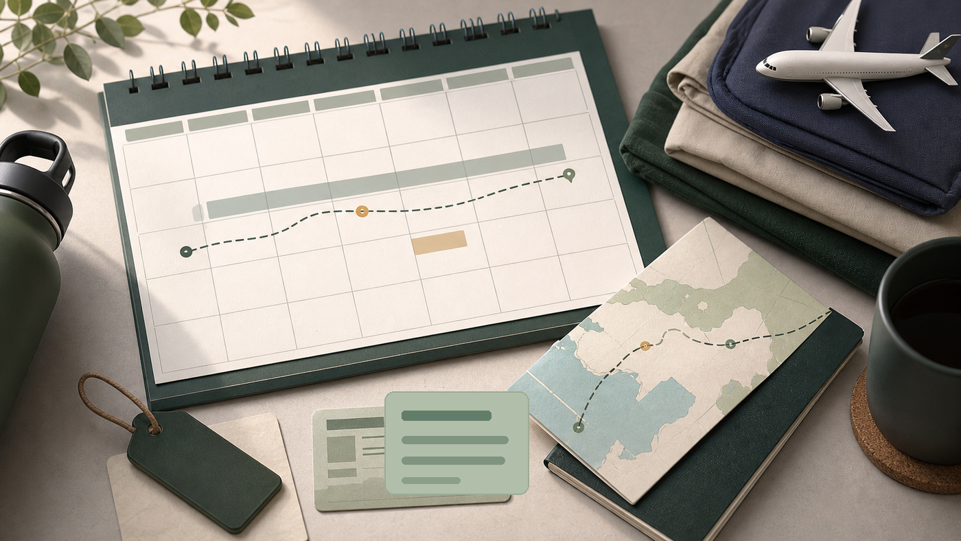 Editorial illustration of post-BMT leave planning with a calendar, travel items, route markers, and generic admin cards