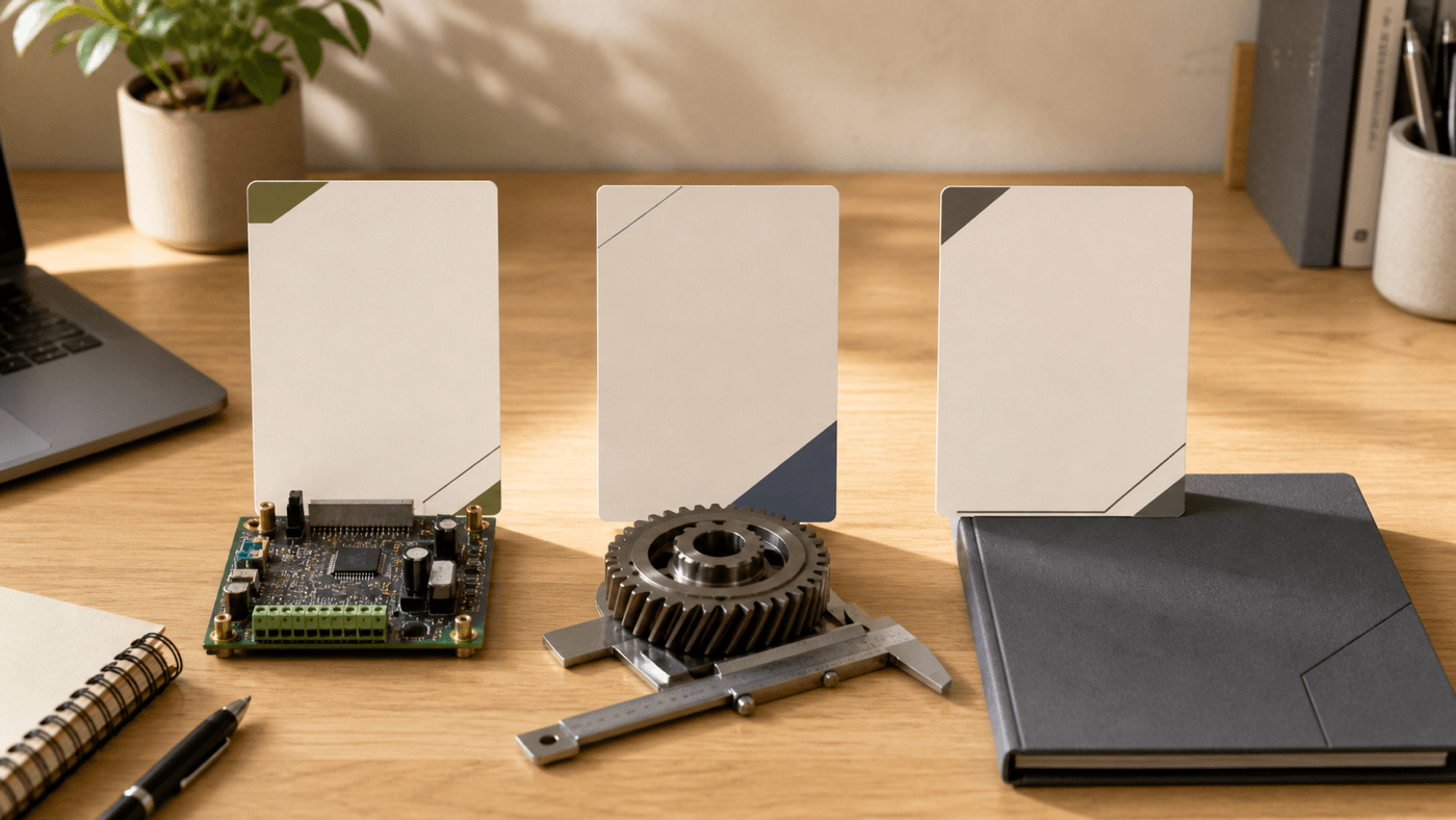 Warm technical desk with three blank decision cards, an unbranded circuit module, precision gear and caliper, dark folder, notebook, and laptop edge