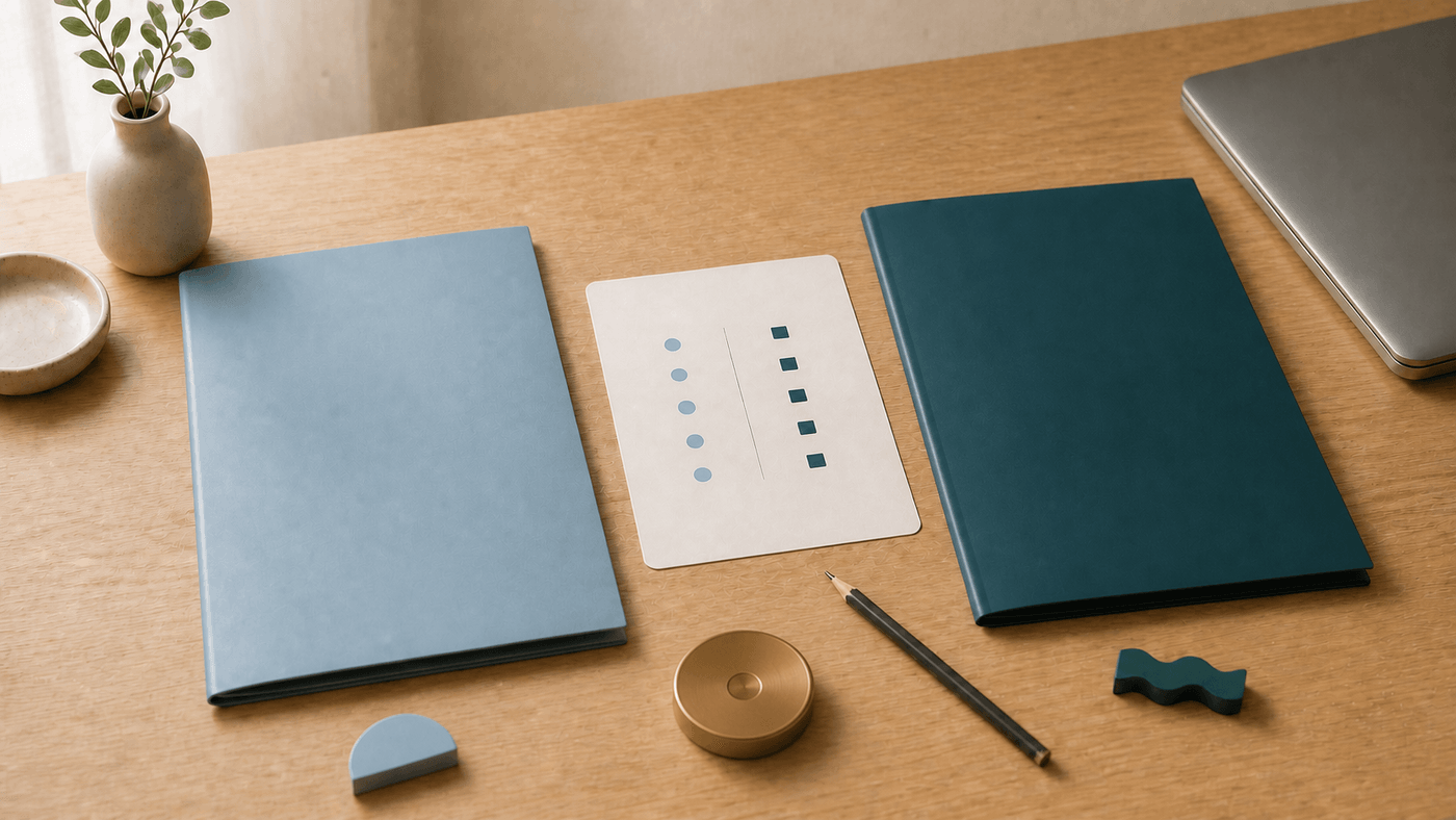 Warm editorial desk with two blank officer career folders, air and sea planning tokens, a comparison grid, pencil, brass decision token, and unbranded laptop