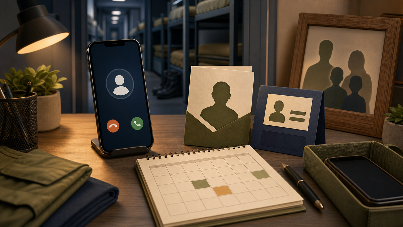 Editorial illustration of a family phone contact plan beside a recruit enlistment notice, unit contact card, calendar, and quiet BMT bunk corridor