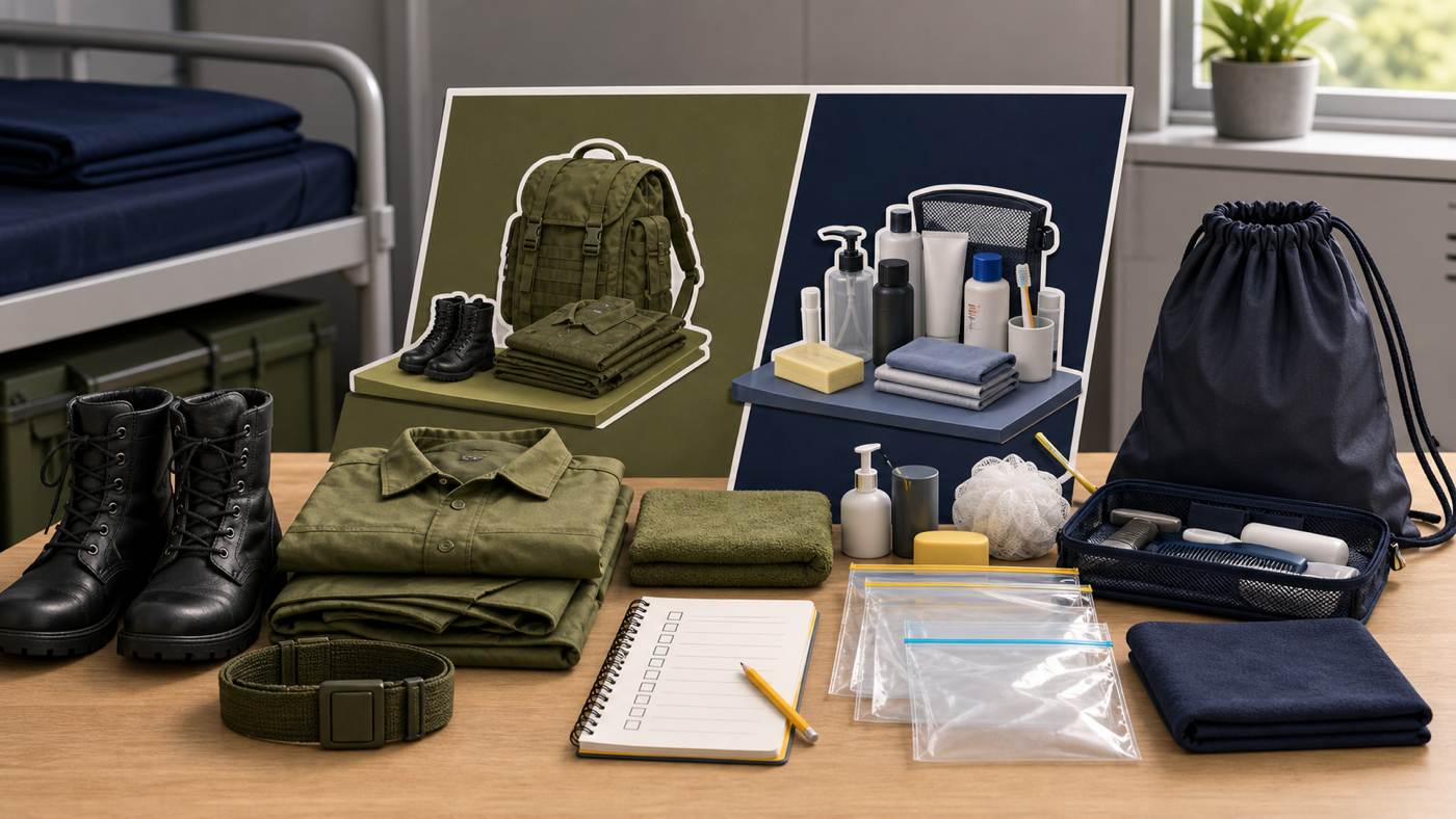 Editorial illustration of BMT issued kit laid out beside a small recruit shopping checklist, boots, uniform, field pack, toiletries, and zip bags