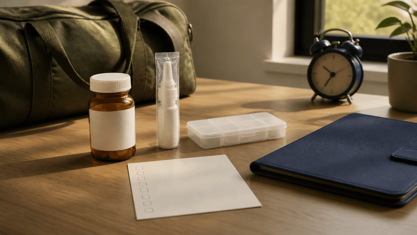 Warm desk scene with a blank prescription bottle, sealed nasal spray, closed pill organiser, checklist card, document folio, alarm clock, and olive duffel bag