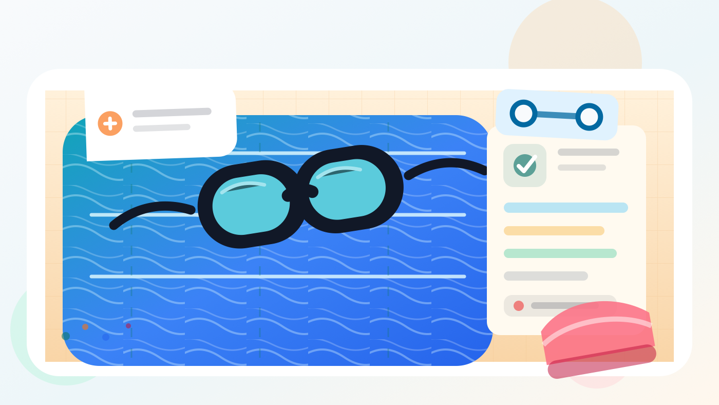 Editorial illustration of swimming goggles, pool lanes, a recruit packing checklist, and a safety card for BMT swimming preparation