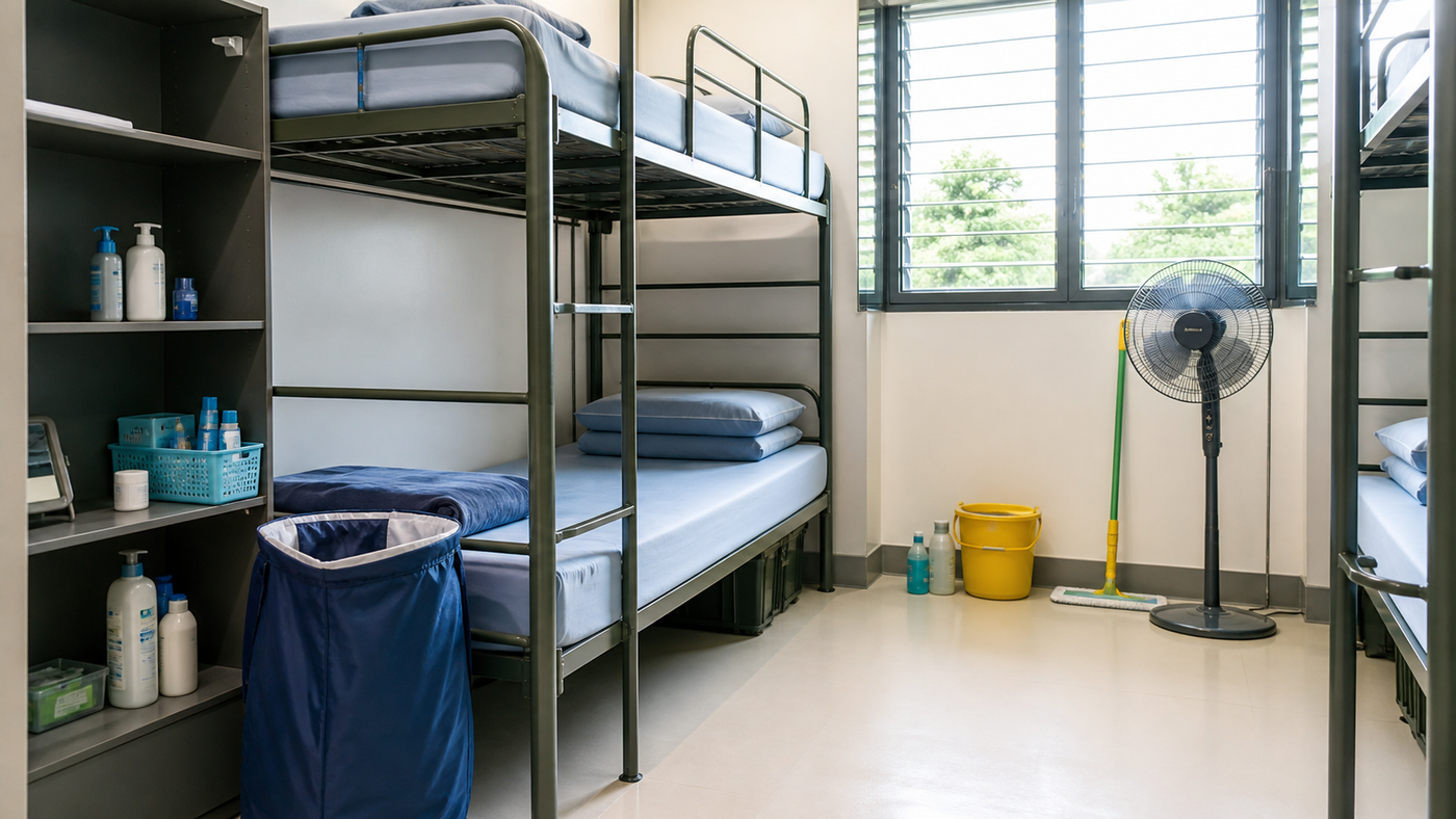 Shared bunk area with toiletries, laundry bag, ventilation and cleaning supplies