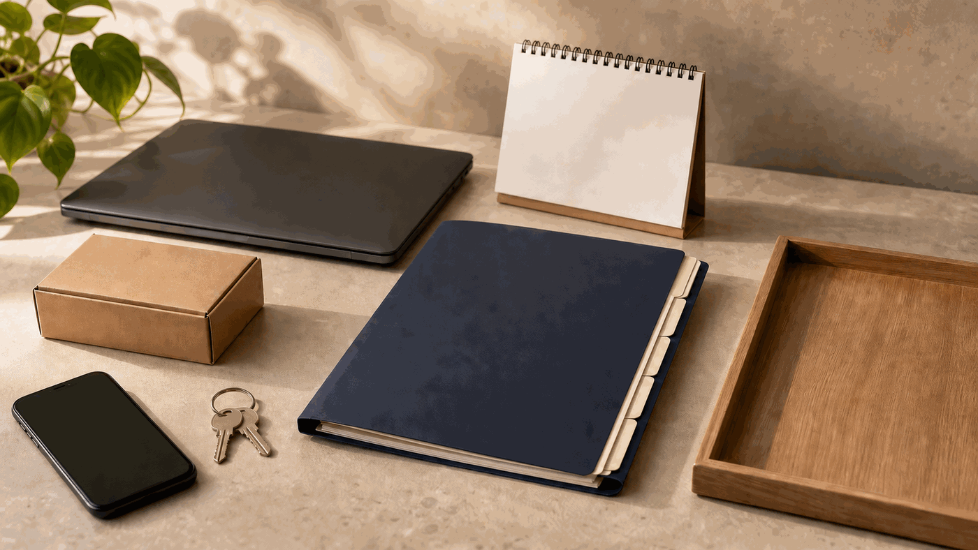 Warm editorial still life of a blank business handover folder, closed laptop, plain parcel, keys, calendar, and unbranded phone