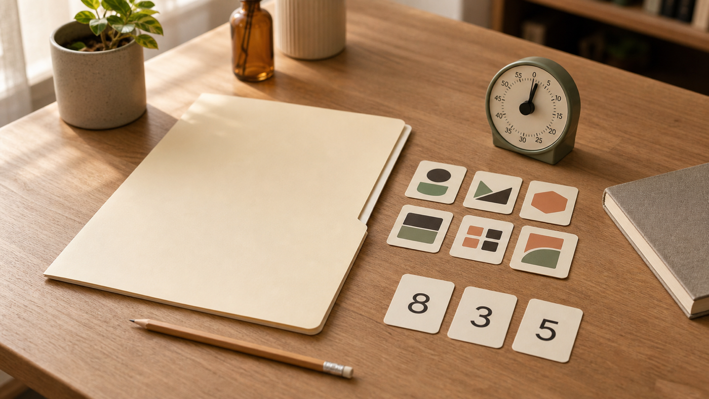 Warm editorial desk with abstract reasoning tiles, number cards, a small timer, and a blank appointment folder
