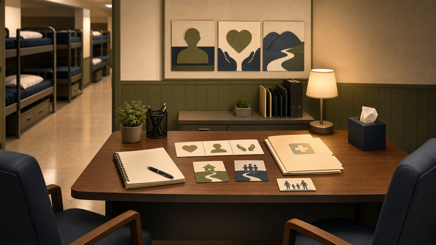 Editorial illustration of a first 48-hour BMT commander interview desk with recruit notebook, welfare checklist, medical document folder, and quiet office corridor