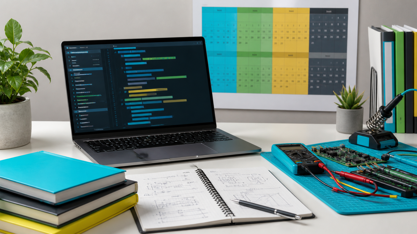 Digital study desk with laptop, circuit tools, textbooks and a four-year calendar
