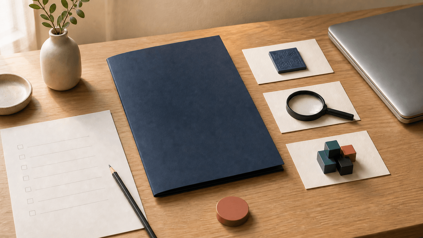 Warm editorial desk with a navy offer folder, three blank role cards, checklist, magnifying glass, systems blocks, pencil, and unbranded laptop