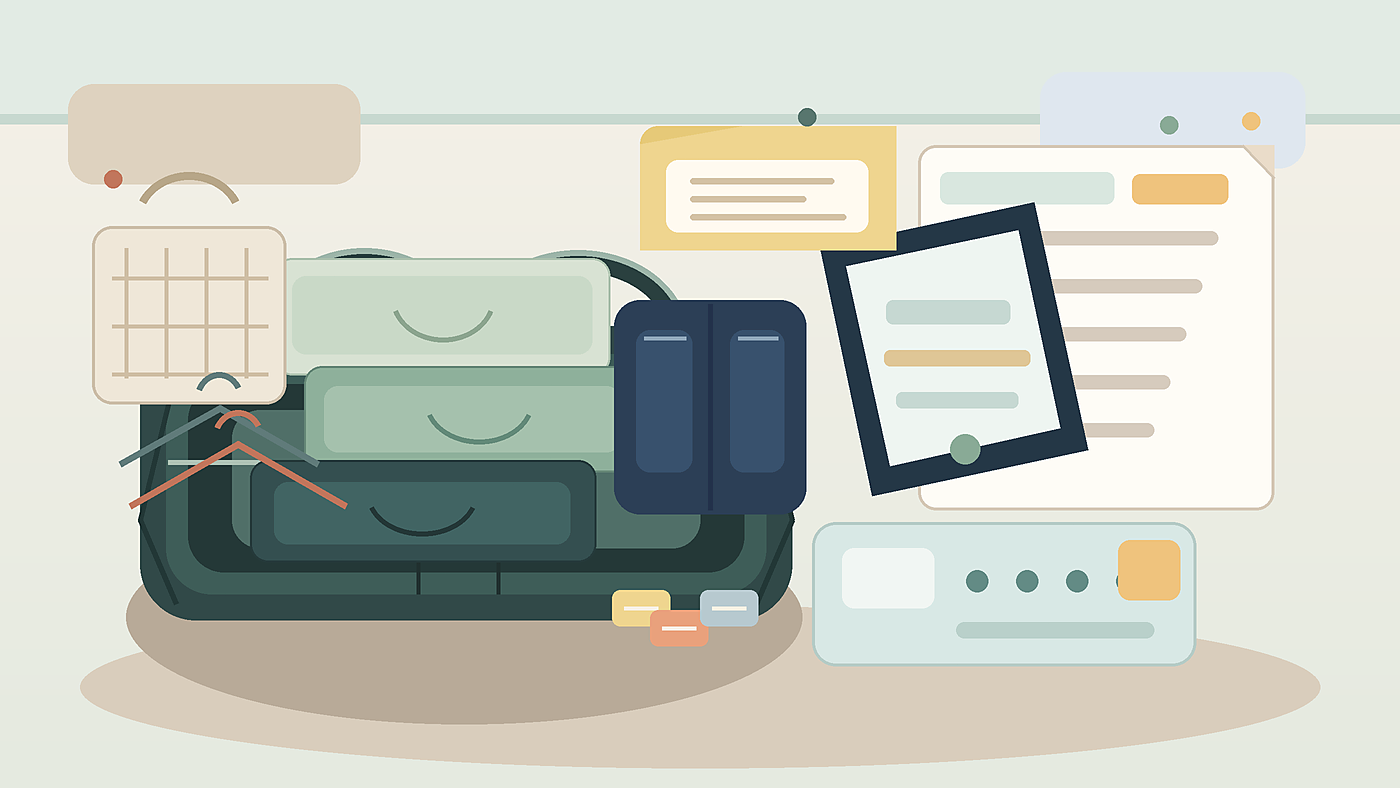 Editorial illustration of folded admin tees and PT kit beside a recruit bag, laundry setup, eMart card, and enlistment checklist