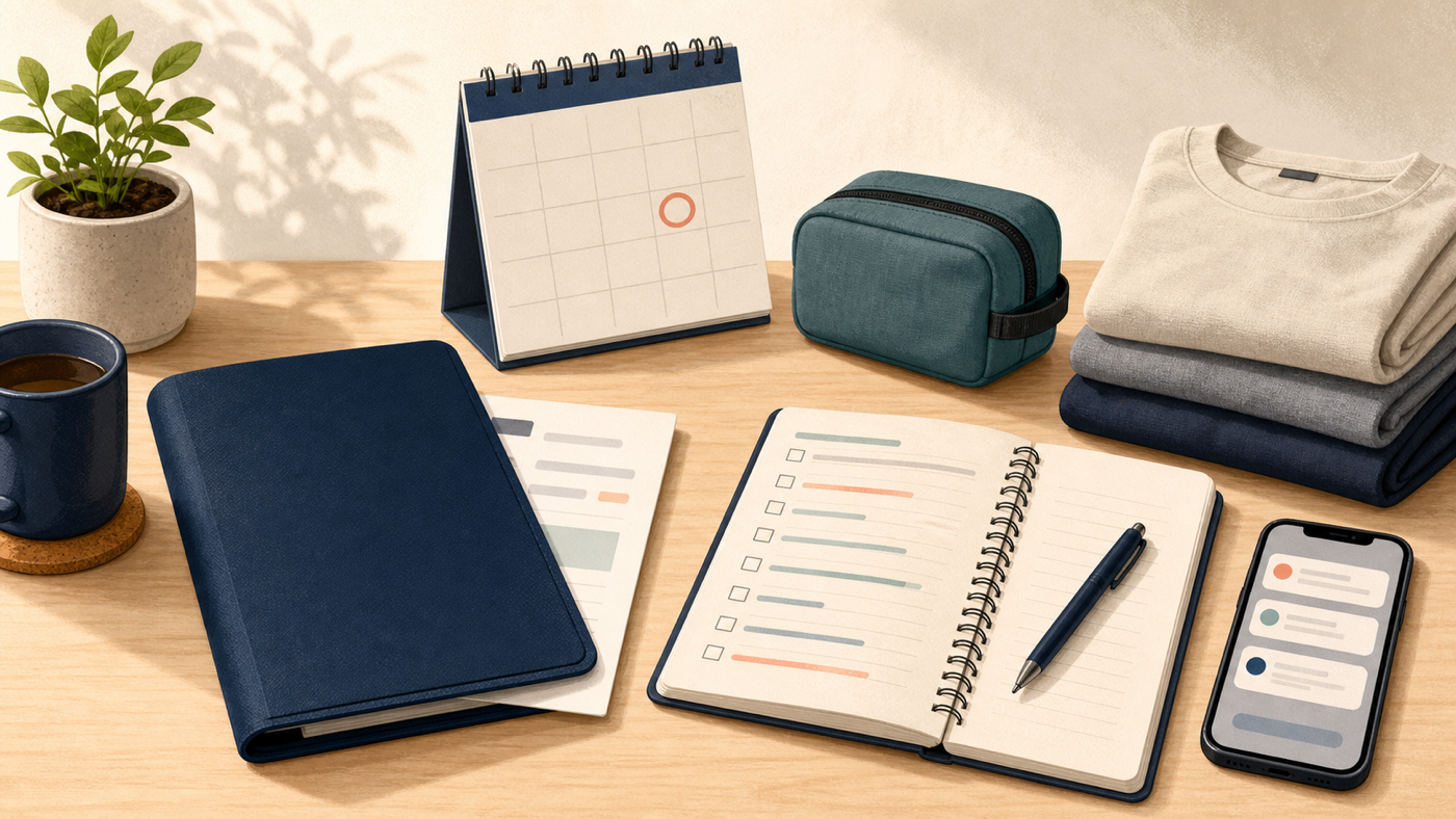 Editorial illustration of a recall-order folder, calendar, checklist notebook, phone notifications, travel pouch, and folded civilian clothing on a tidy desk