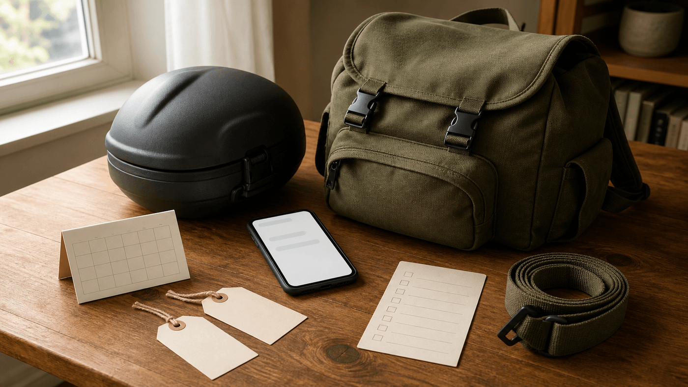 Warm editorial desk scene with a blank phone panel, calendar, plain olive field pack, helmet-shaped protective case, checklist card, and inspection tags