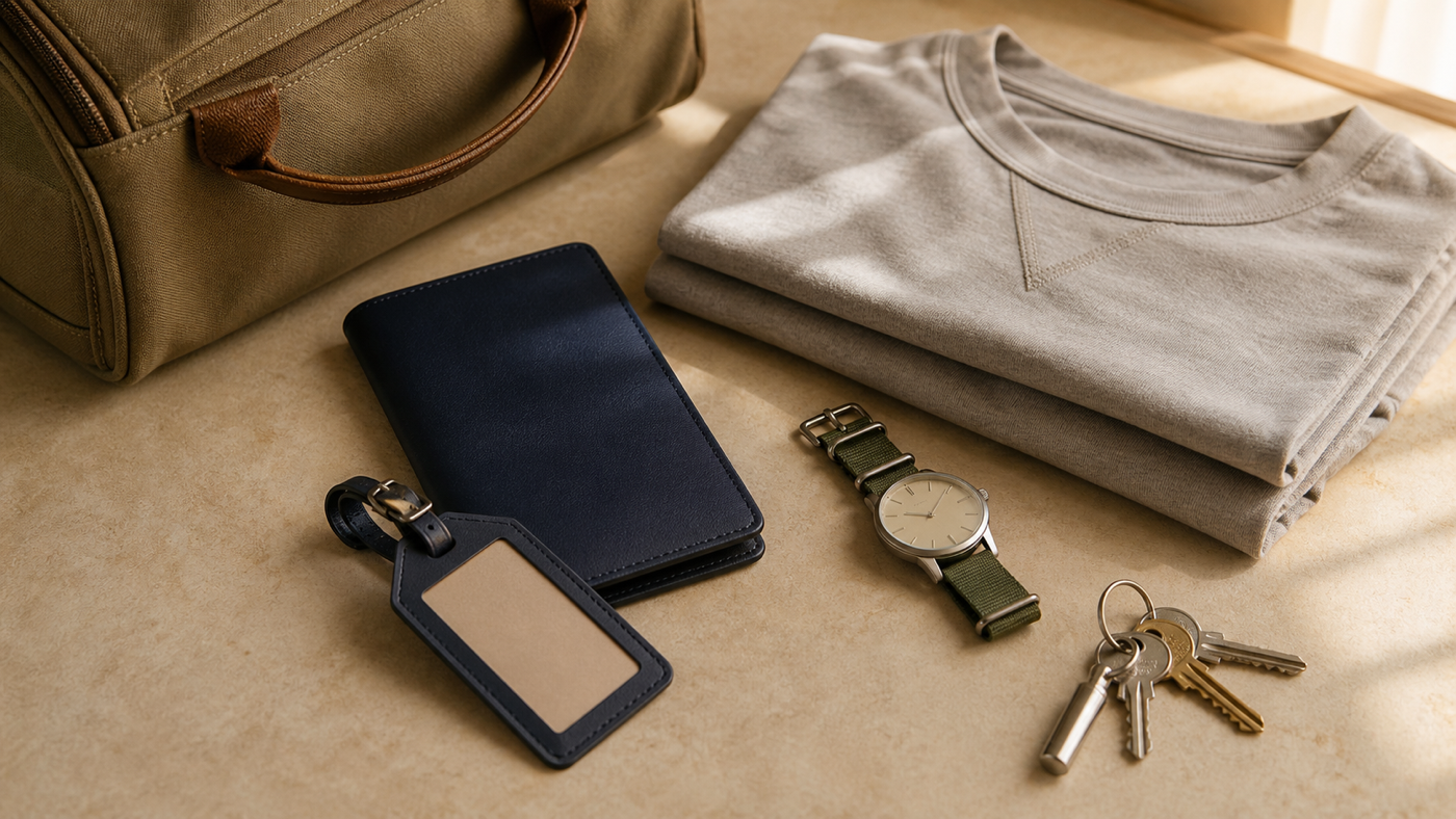 Warm editorial travel still life with a canvas carry-on, blank navy document wallet, blank luggage tag, watch, folded shirt, and keys