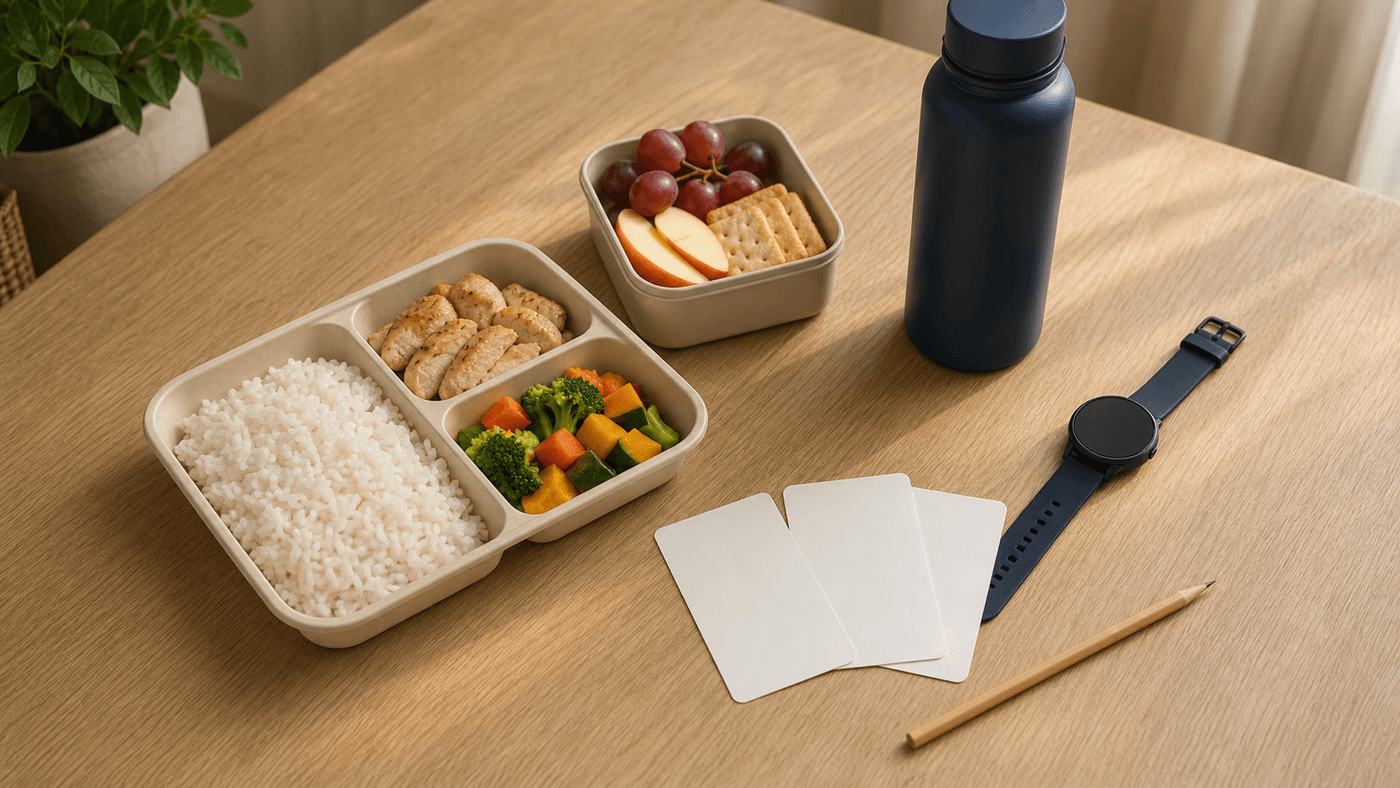 Warm editorial still life with a balanced meal tray, simple snack box, blank progress cards, plain water bottle, and unbranded watch
