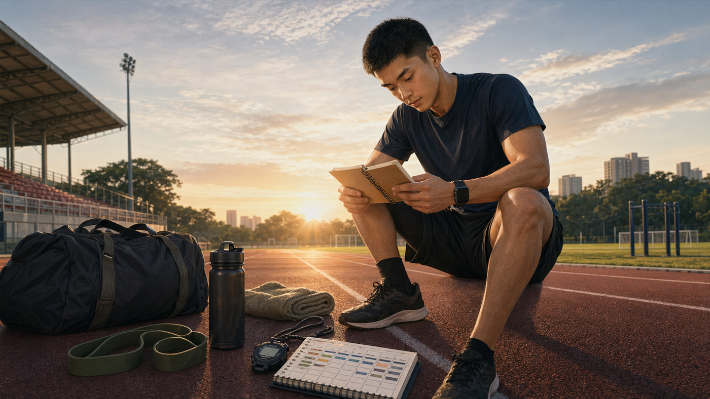 Illustrated IPPT planning banner with a track, stopwatch, and calendar.