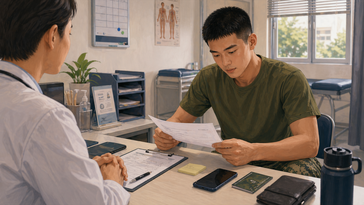 Illustrated medical admin banner with a referral note, service card, and health icon.