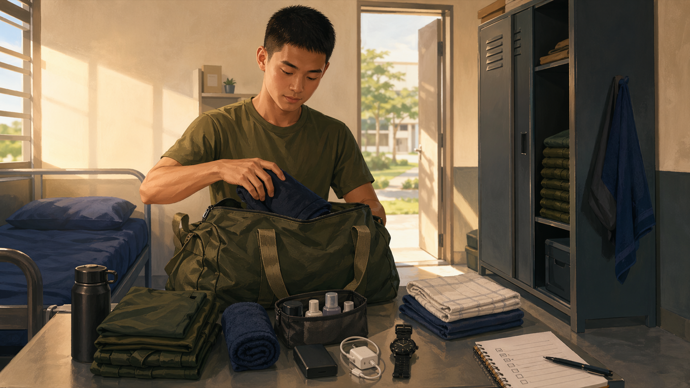Illustrated recruit banner with a camp locker, weekly checklist, and bag.