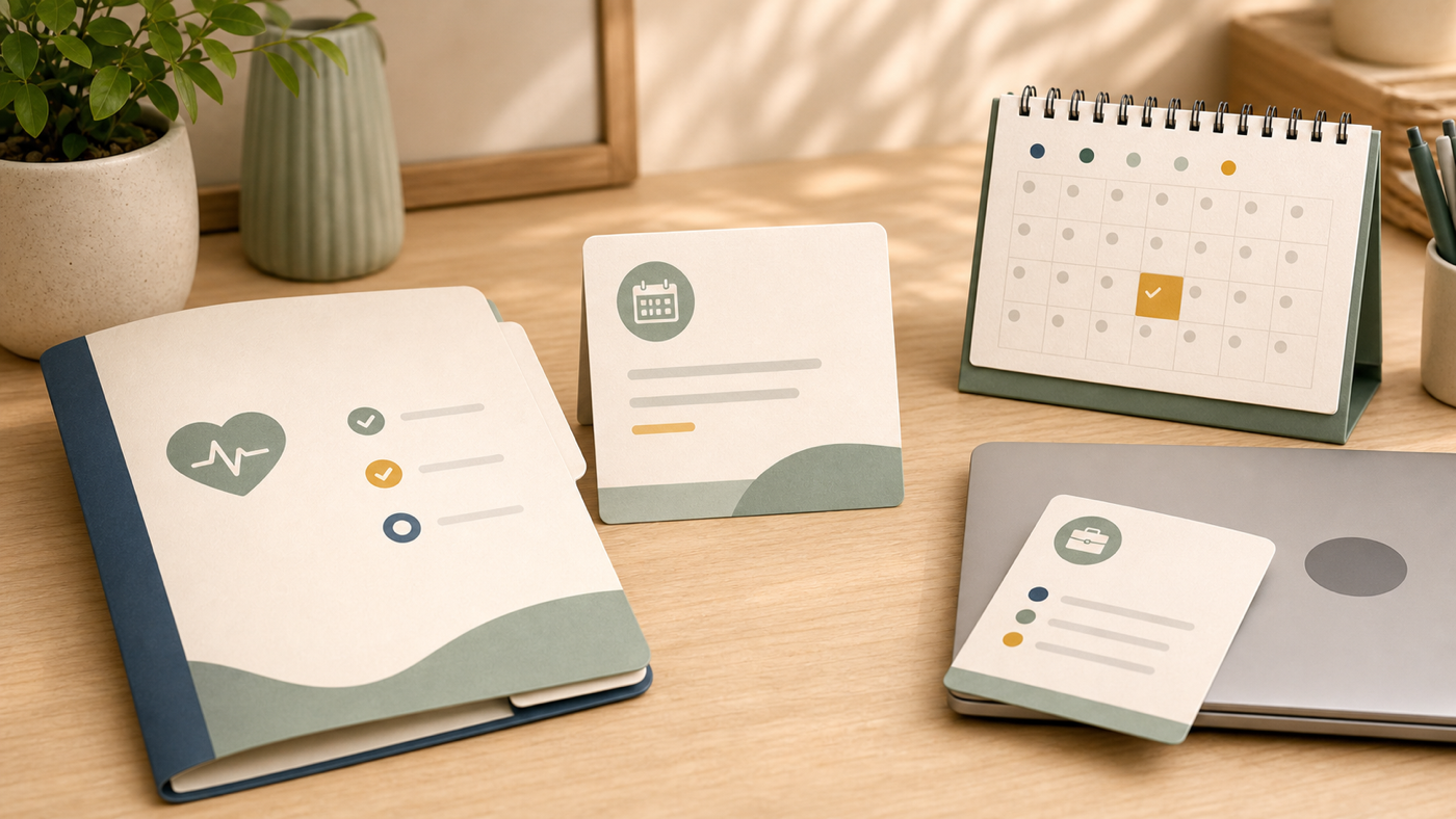 Editorial still life of a health-screening folder, generic call-up card, work laptop, and appointment calendar on a desk