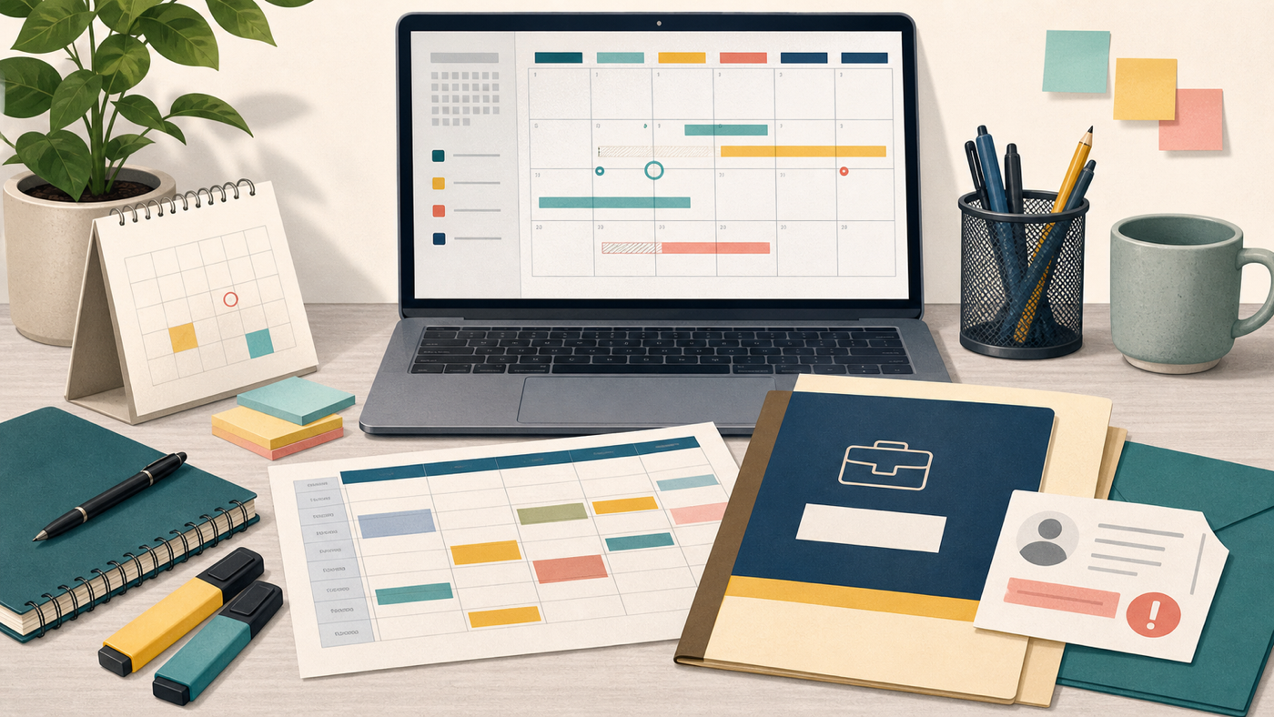 Editorial illustration of a university internship and ICT planning desk with calendars, folders, and a generic call-up card