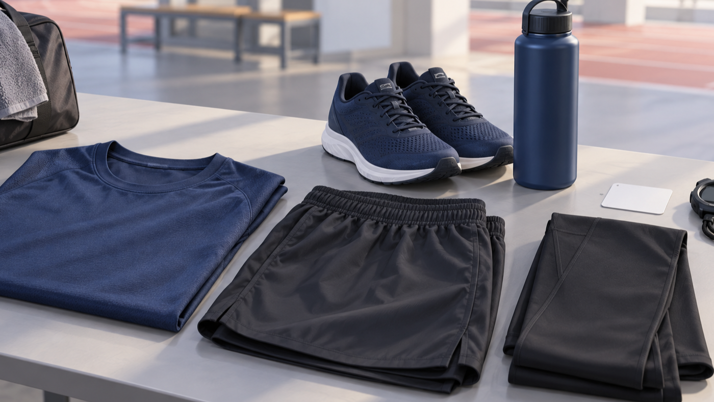 Neutral editorial still life of plain athletic shirt, running shorts, folded tights, running shoes, water bottle and a blank identity card at a fitness check-in table