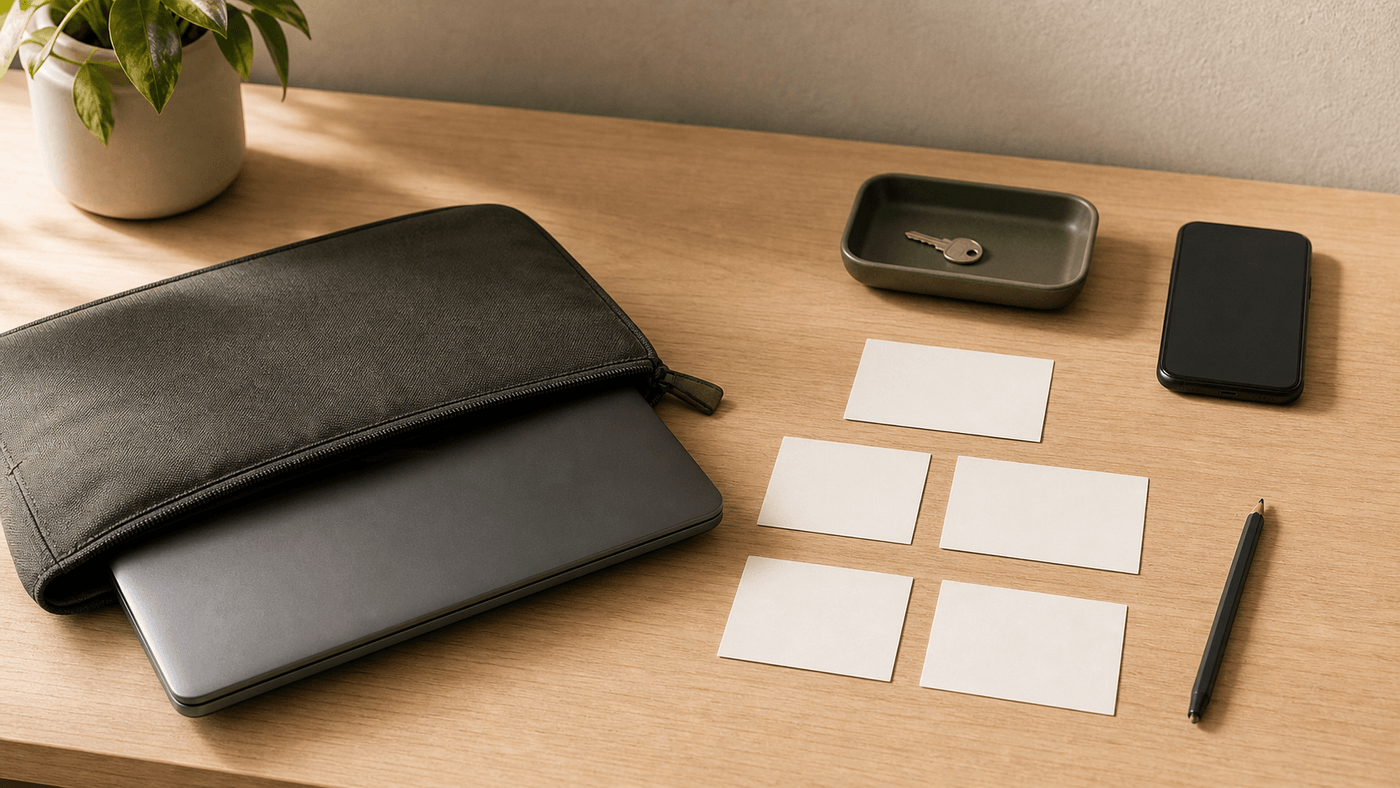 Warm editorial still life with a closed unbranded laptop, plain sleeve, blank permission cards, key tray, and blank-screen phone