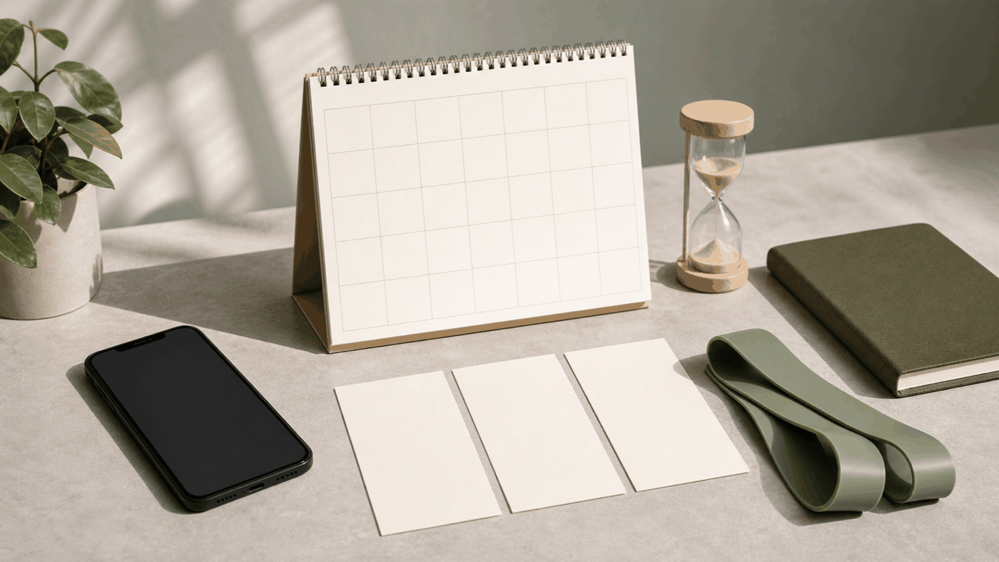 Warm editorial still life of a blank calendar, hourglass, notebook, planning cards, resistance band, and blank-screen phone
