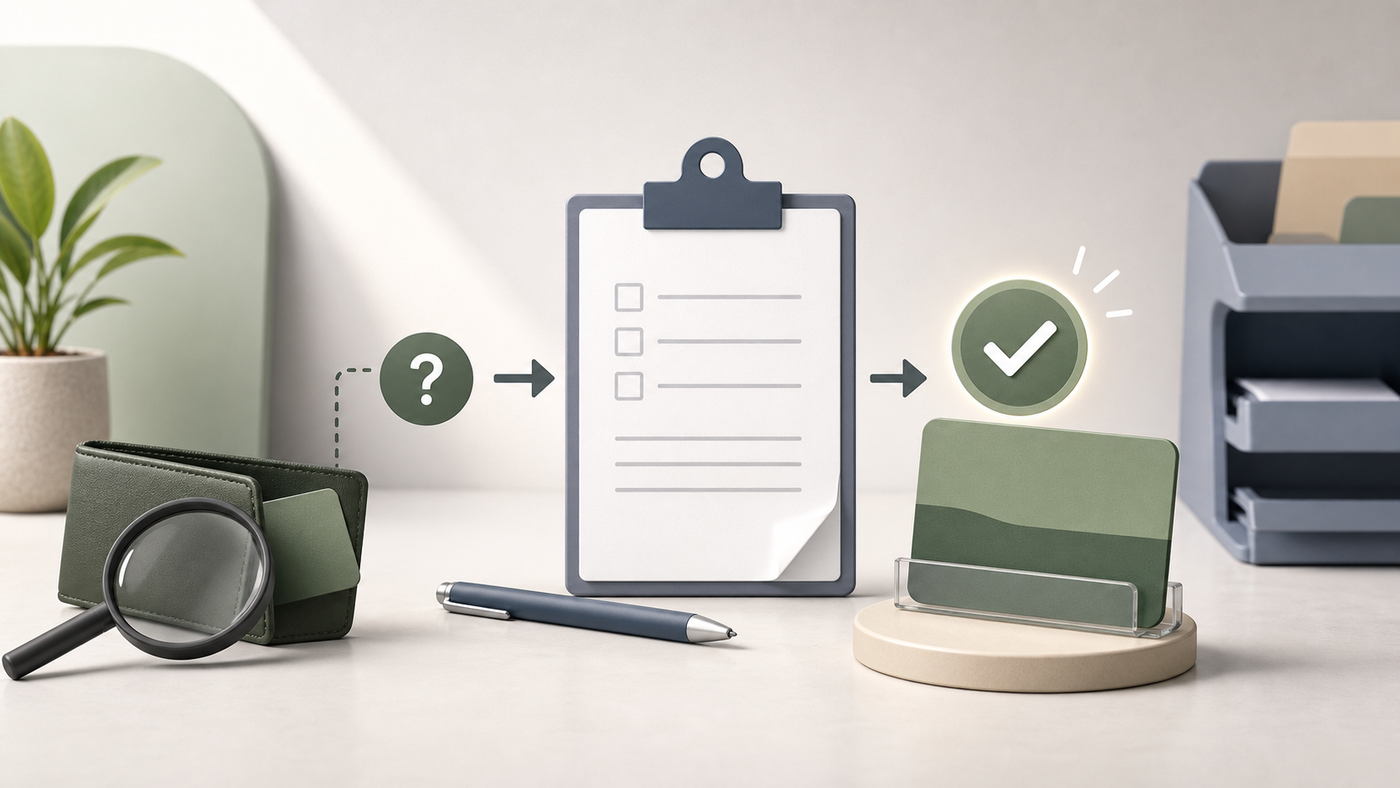 Neutral editorial illustration of a lost military identity card replacement workflow with a blank report form and secure card tray