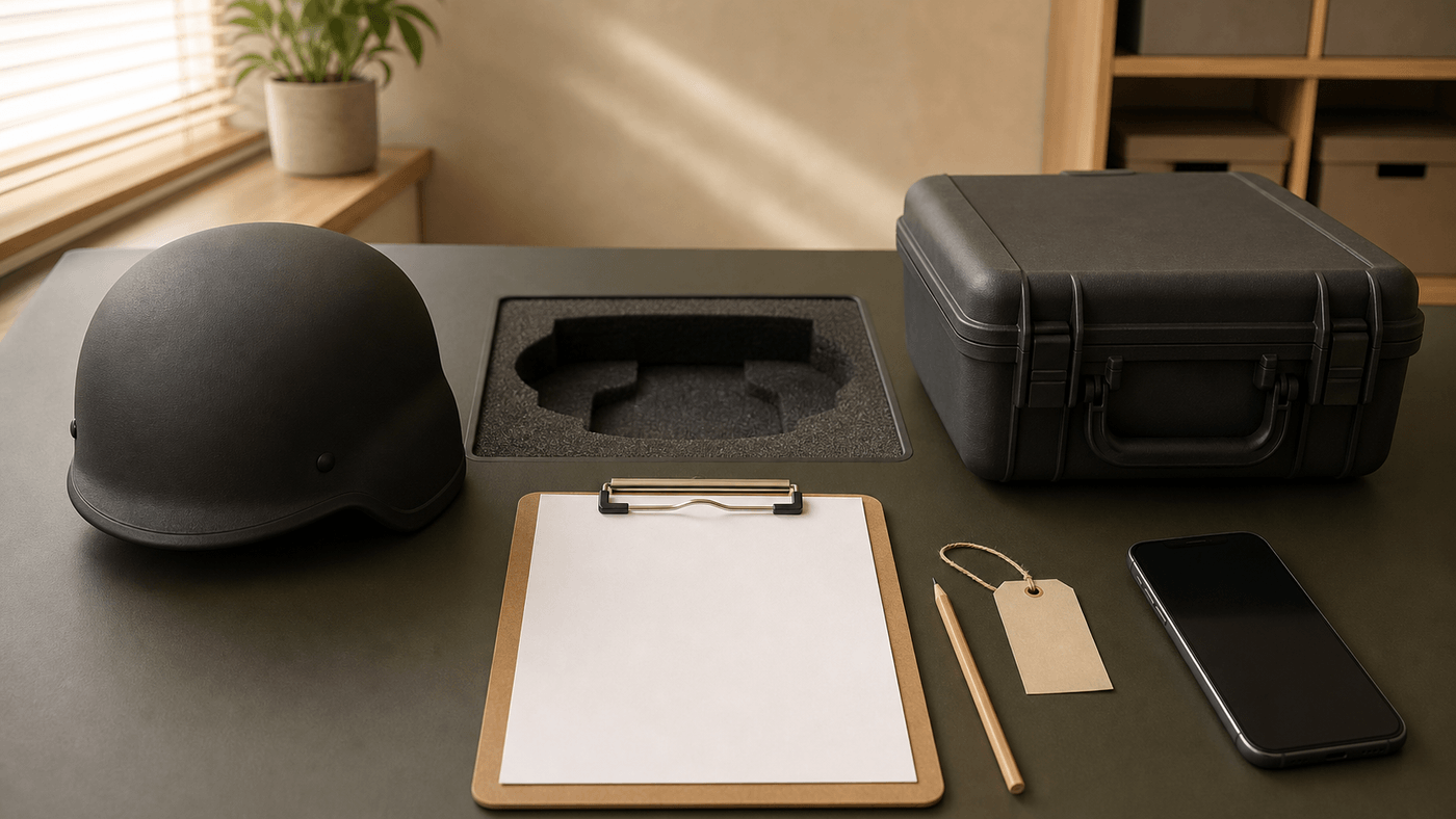 Warm editorial still life with a plain protective helmet, empty equipment recess, blank handover card, storage case, and unbranded phone