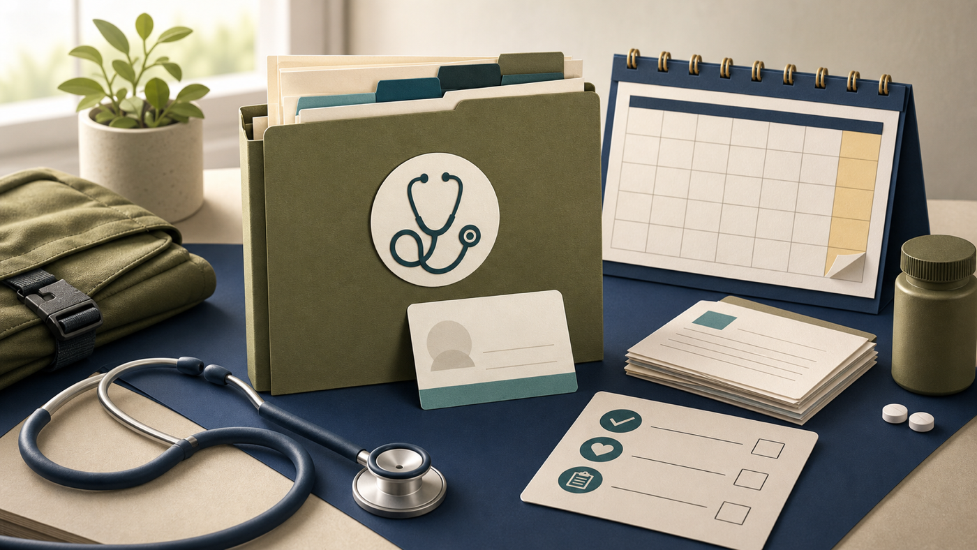 Editorial illustration of an NSman medical review folder beside a SAF100 call-up calendar, SAF medical centre appointment card, and document checklist