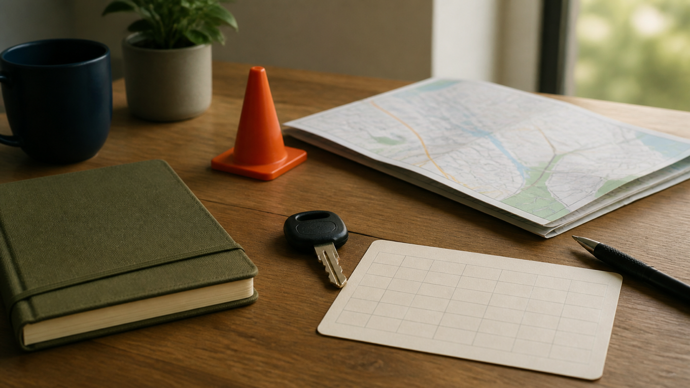 Editorial desk scene with a plain car key, blank route card, mileage counter, road map, and small safety cone