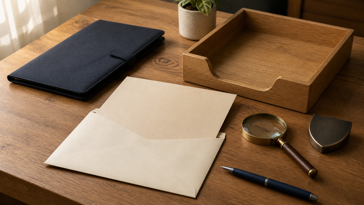 Warm editorial desk still life with a blank application folder, envelope, wooden inbox tray, magnifying glass, navy document wallet, pen, and unmarked shield paperweight
