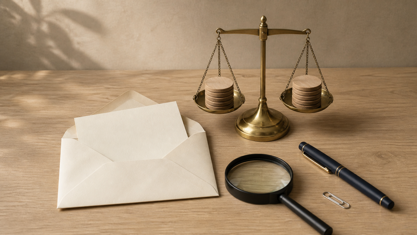 Warm editorial still life with a blank letter and envelope, balance scale, unmarked wooden tokens, magnifying glass, navy pen, and paper clip