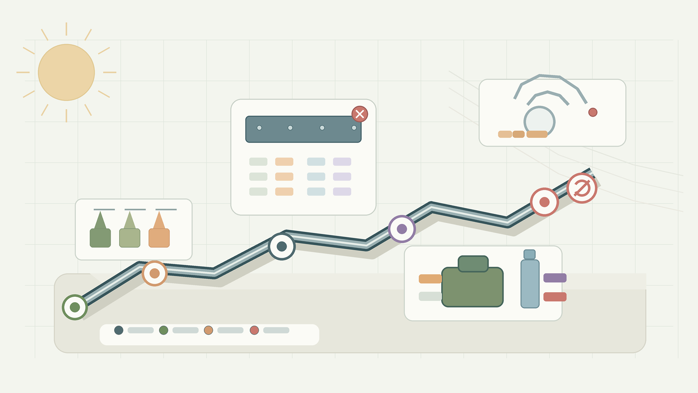 Neutral editorial illustration of an NSman mob-manning excuse workflow with a calendar window, pending request cards, approval checkpoint, phone contact route, and travel boundary symbols