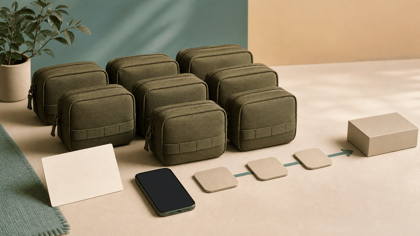 Editorial still life of identical olive pouches grouped beside blank route tiles, a phone, and a destination block