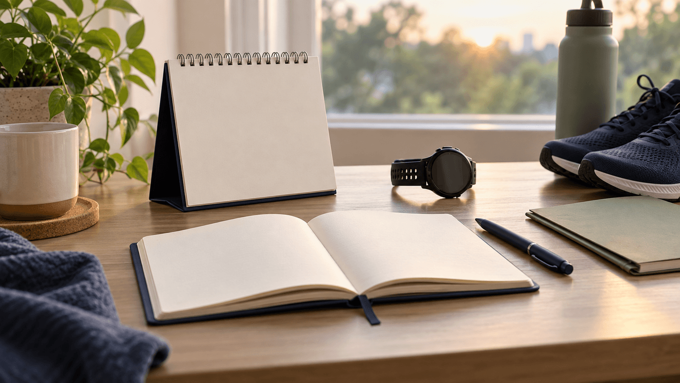 Neutral editorial desk scene with a blank calendar, sports watch, running shoes and open planner