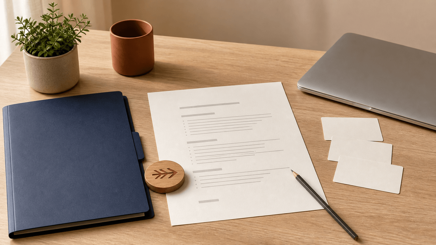 Warm editorial desk scene with a blank resume sheet, neutral service record folder, verification cards, pencil, and unbranded laptop