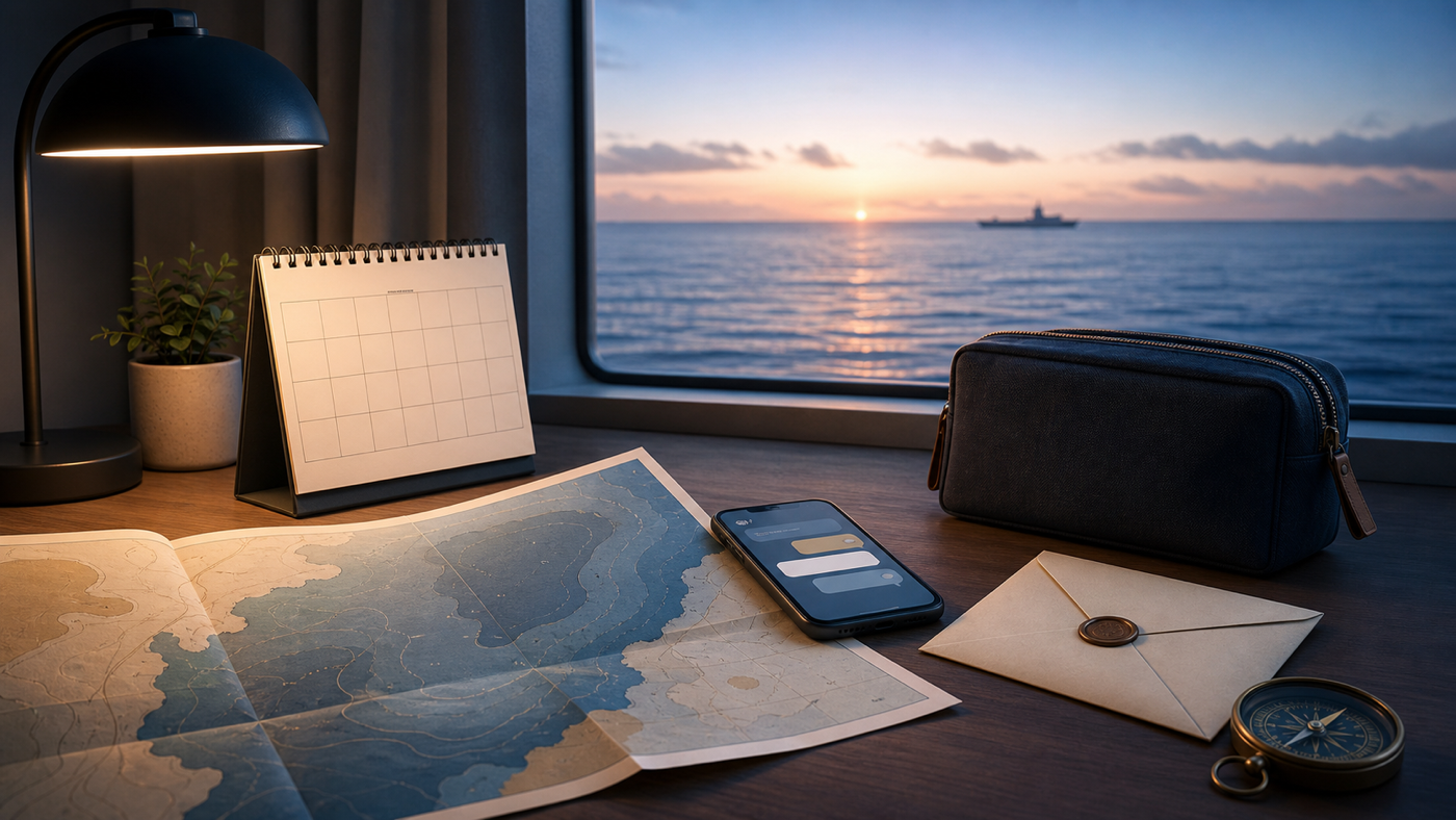 Editorial desk scene with a blank calendar, abstract sea chart, phone, sealed letter, travel pouch, and a distant generic vessel at dawn