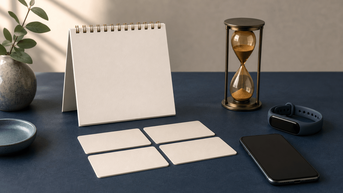 Warm editorial still life of a blank calendar, four plain booking tiles, an hourglass, a closed fitness band, and a blank-screen phone