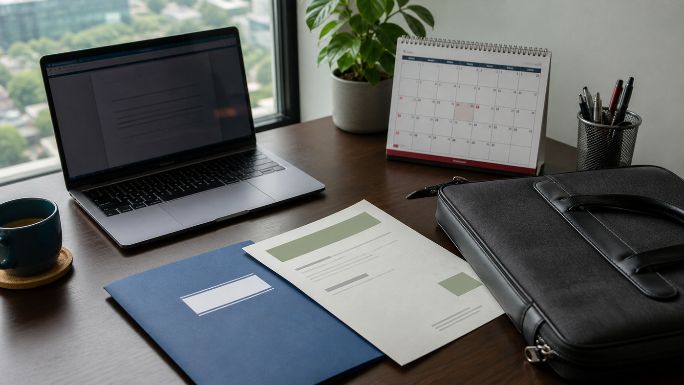 Work laptop, briefcase, calendar and reservist call-up notice aligned on a desk