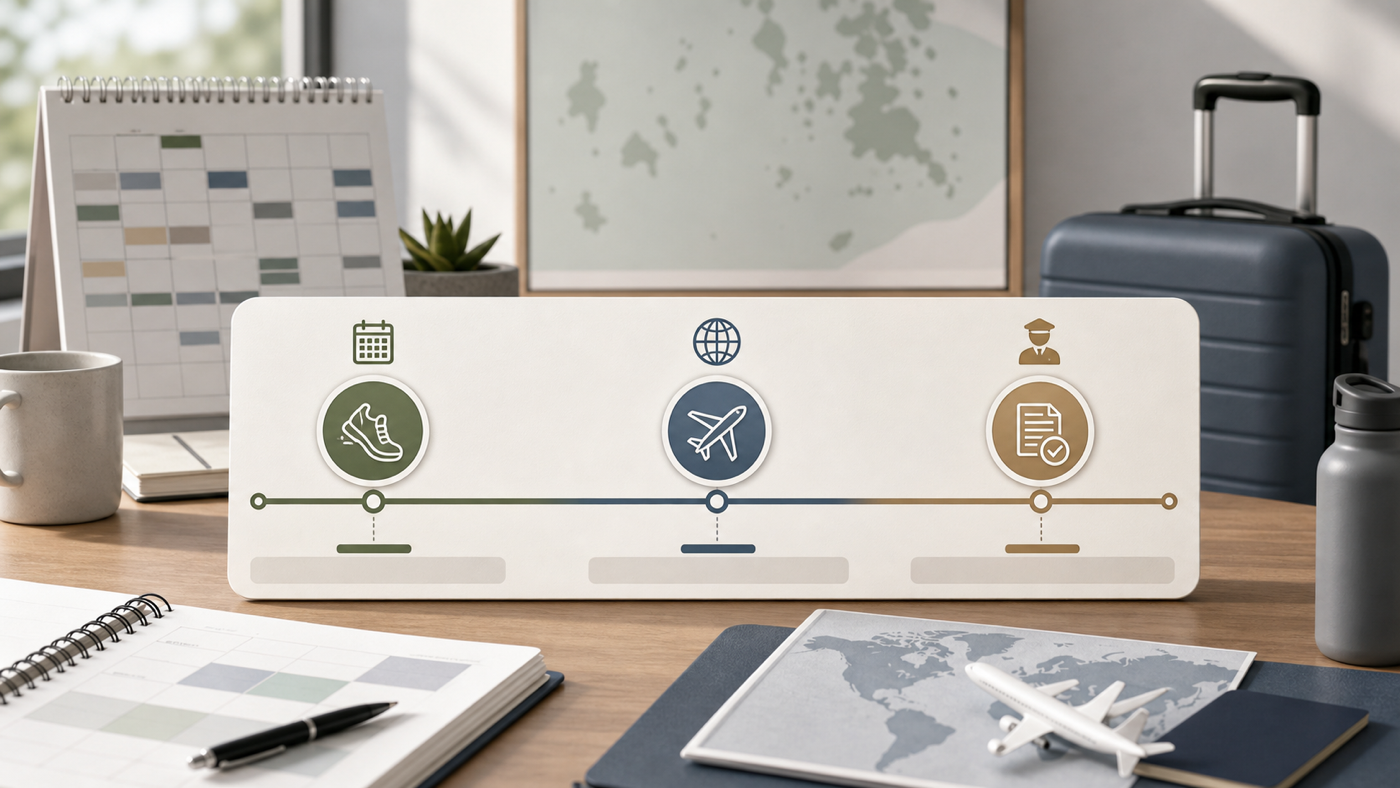 Neutral editorial illustration of an overseas study timeline with fitness, travel, and approval checkpoints