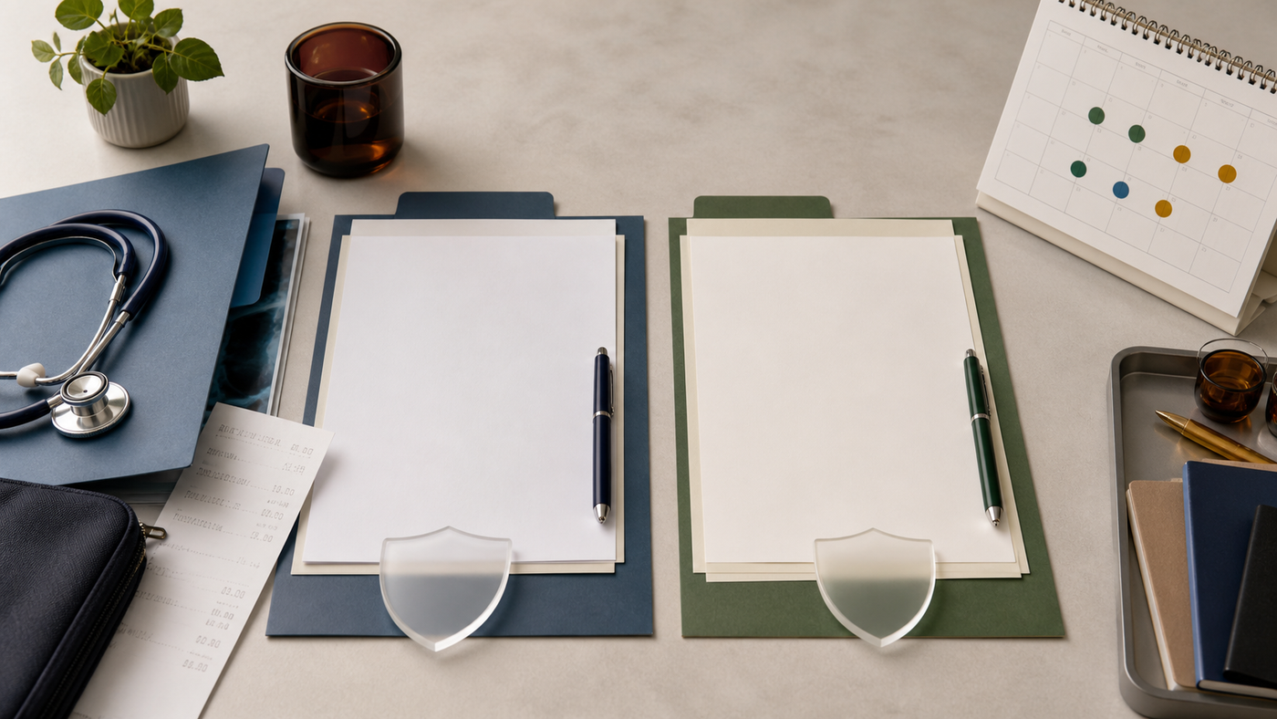 Two claim folders beside a medical report, hospital receipt and protective cover