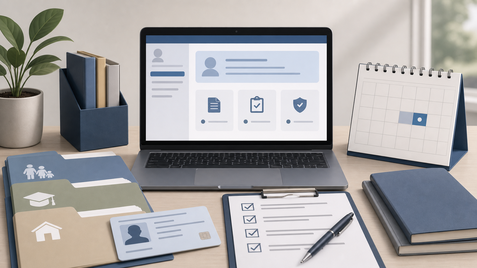 Neutral illustration of NS registration documents and online checklist